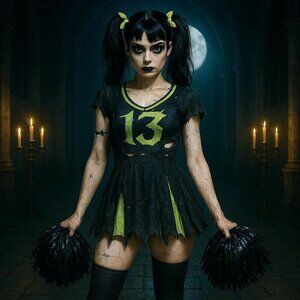 Trickz N Treatz ✦ Z‑O‑M‑B‑I‑E Cheerleader Costume ✦ Distressed Pleated Raw‑Hem